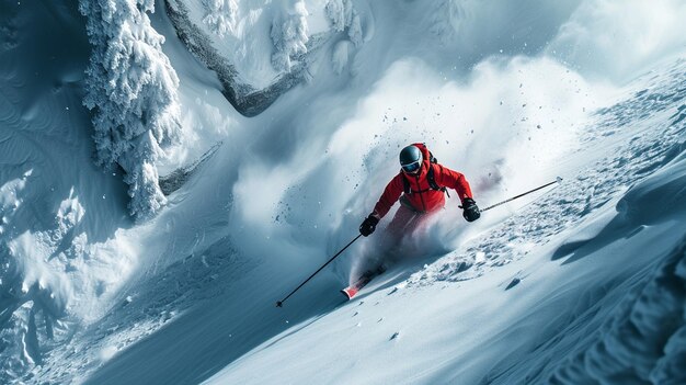 Foto sciatore in giacca rossa sciando giù per un ripido pendio di montagna innevato generativo ai