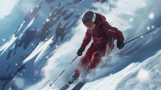 a skier in a red snowsuit is skiing down a mountain