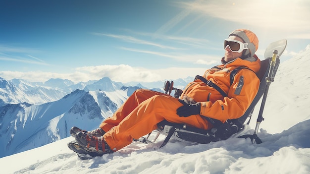 skier relaxing at sunny day on winter season