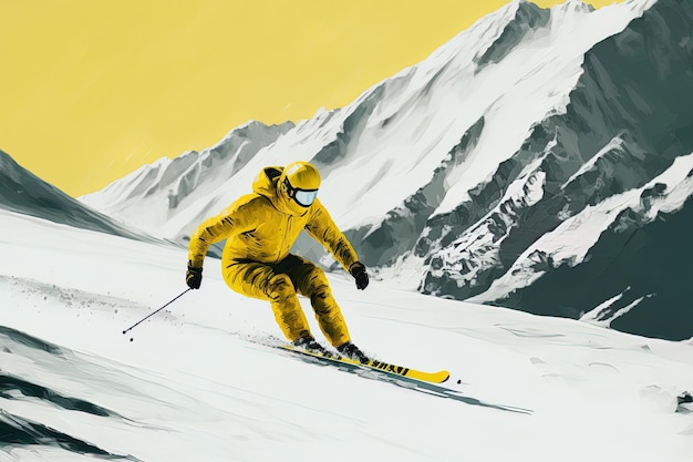 Фото Лыжник спускается со склона в грузии гудаури в желтой спортивной форме.