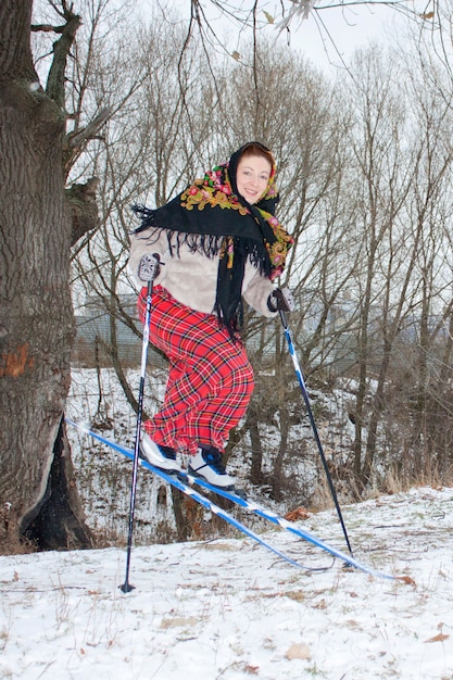 Skier in a Russian folk costume