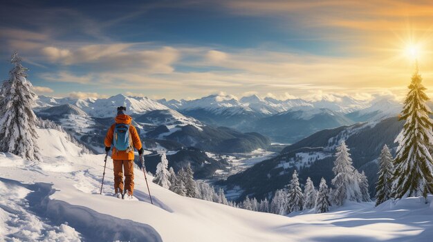 Skiër skiën bergafwaarts tijdens zonnige dag in het hooggebergte