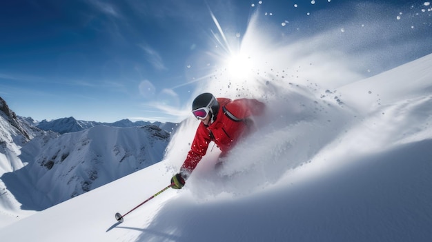 Skiër skiën van een berg met de zon op de top