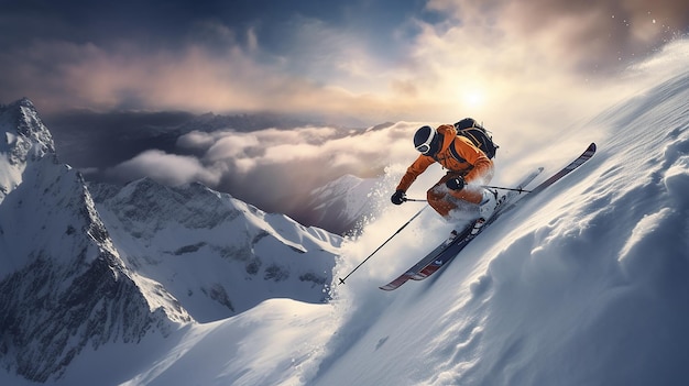 skier skiing downhill in high mountains