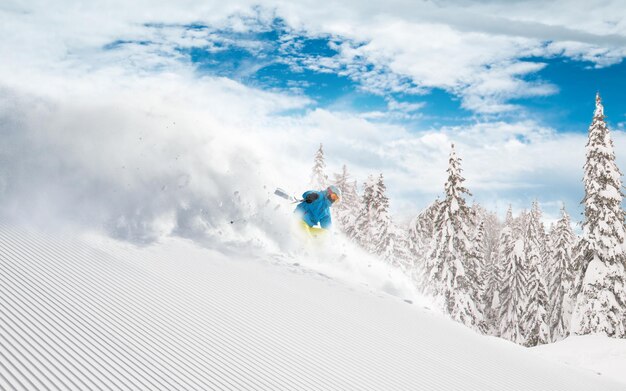 写真 高山でスキーを降りるスキーヤー