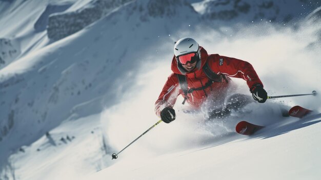 A スキーヤー スキージャンプ スノーボード エクストリーム・ウィンター・スポーツ スキーヤーは高山で晴れた日にスキーを降りる