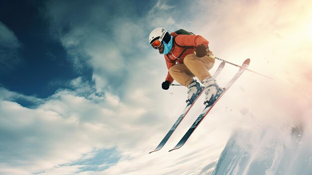 A Skier skiing Jumping skier Snowboarding Extreme winter sports Skier skiing downhill during sunny day in high mountains Generative Ai