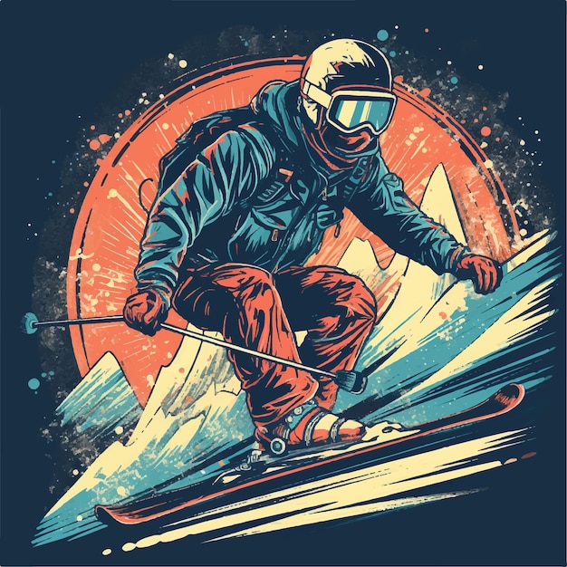 Skier sking downhill extreme sport grunge background