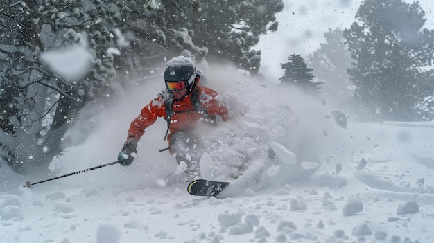 Skiër snijdt door diepe poedersneeuw te midden van een winterlandschap en toont vaardigheid en behendigheid