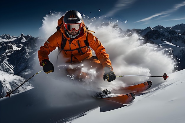 skiër springen in de sneeuw bergen op de helling met zijn ski en professionele apparatuur op een zonnige