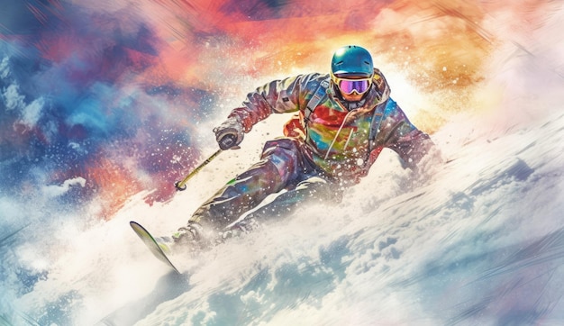 Skiër springt op een besneeuwde berg Generatieve AI