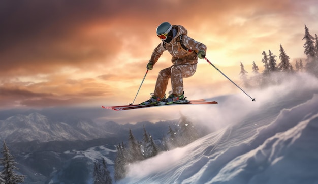 Skiër springt op een besneeuwde berg Generatieve AI