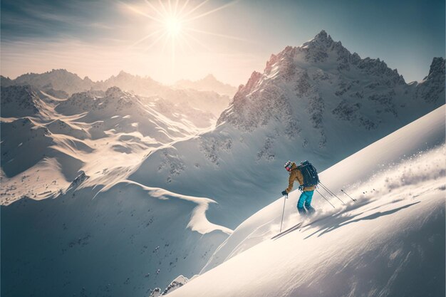 skier on a steep mountain slope with sun shining in the background generative ai