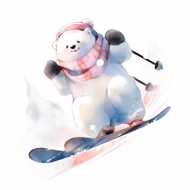 skier with a pink scarf and a white bear on a snowboard generative ai