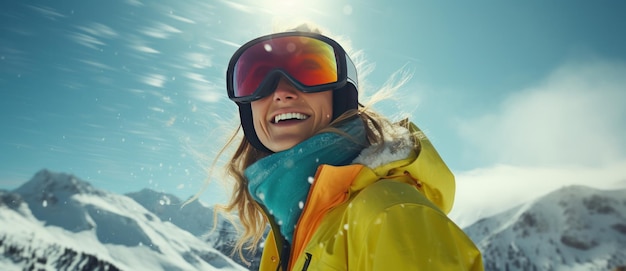 a skier with skis and goggles is smiling in the snow