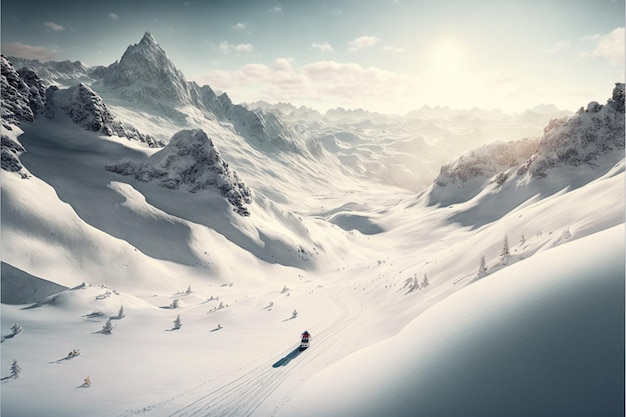 лыжники катаются на лыжах вниз по заснеженной горе с солнцем, светящимся на заднем плане