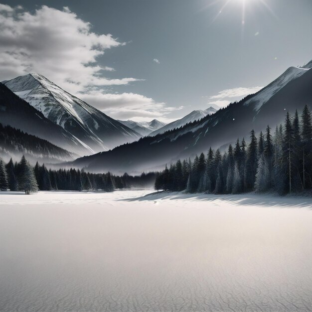 写真 スキーヤーは太陽が降り注ぐ雪山の風景の中を旅している