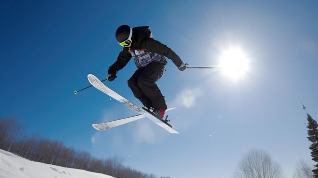 スキーヤーの選手がスキー山から下山して競うコピースペースAIを使用したヘッダーバナーモックアップ