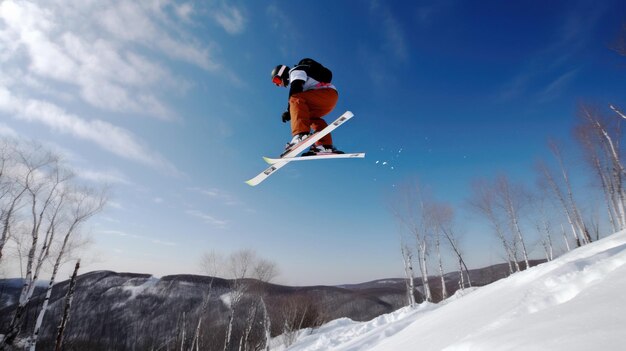 Skiërs-atleten concurreren naar beneden vanaf de skiberg Header-bannermodel met kopieerruimte AI
