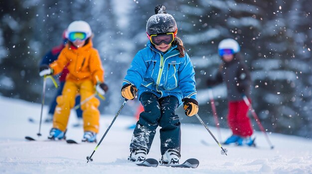 파란색 재과 노란색 바지를 입은 스키 선수들이 눈 인 경사 아래로 스키를 타고 있습니다.
