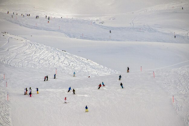 Skiërs op de sneeuwachtergrond van de alpen
