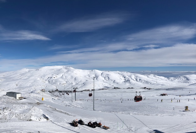 Skigebied van Erciyes in Turkije. Prachtig reliëf, felle zon, besneeuwde hellingen.