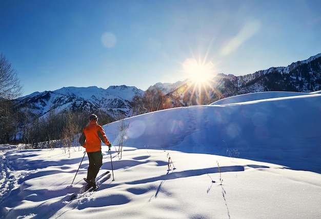 Skiing on the fresh powder snow