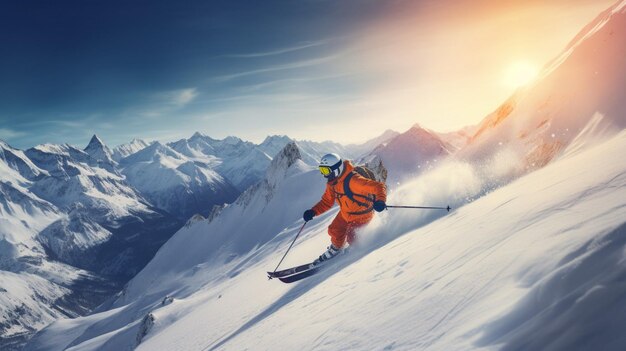 Skiing on a snowy mountains