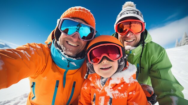 Skiing winter fun happy skier family team
