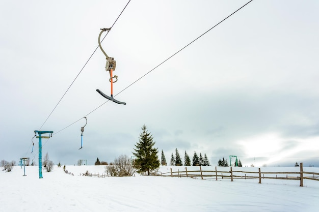 Skilift while driving on the highway in the Carpathian resort