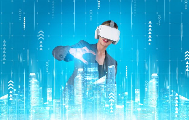 skilled architect wearing vr headset and designing construction contraption