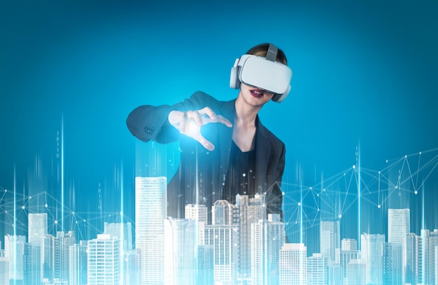 skilled architect wearing vr headset and designing construction contraption