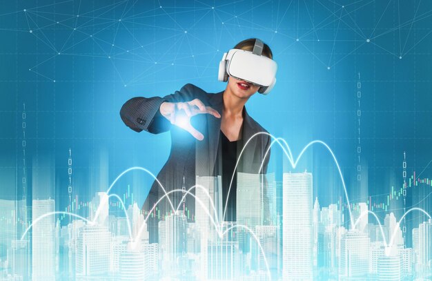 skilled architect wearing vr headset and designing construction contraption