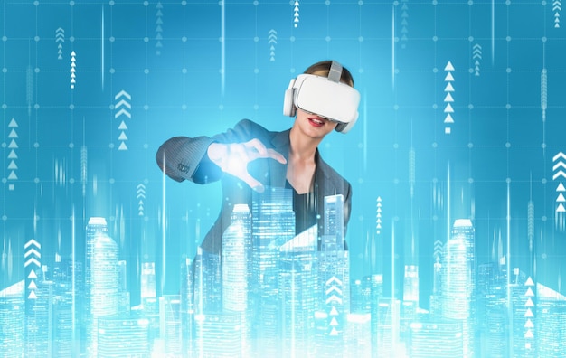 skilled architect wearing vr headset and designing construction contraption