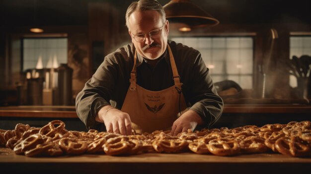 Skilled artisan creates classic pretzel knots display around