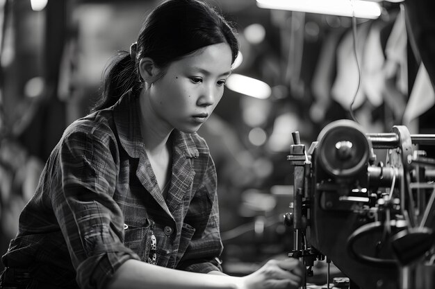 Photo skilled asian seamstress operating machinery in busy textile factory concept asian seamstress textile factory machinery operation skilled worker busy production