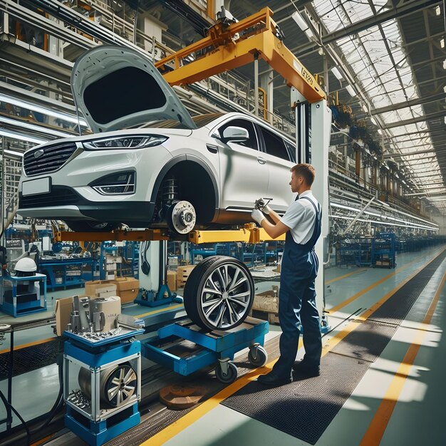 熟練した自動車技師は近代的な車両工場で車にタイヤを装着しています