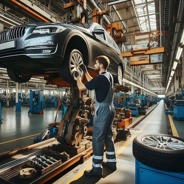 Skilled Automobile Technician Mounting Tire on Car at a Modern Vehicle Factory Auto Mechanic