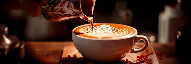 熟練したバリスタが、完璧に淹れたコーヒーの上に複雑なラテアートを作り上げます