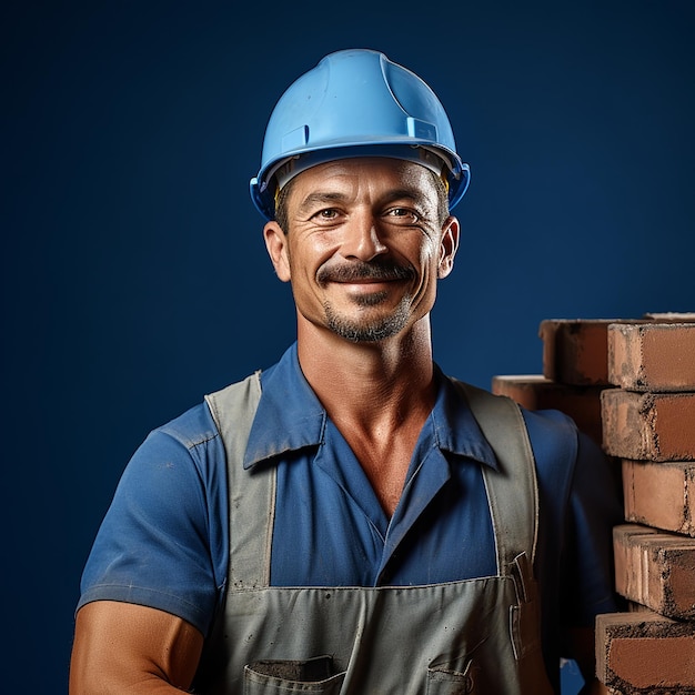 Photo skilled bricklayer on solid blue background