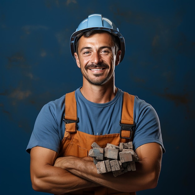 Skilled Bricklayer on Solid Blue Background