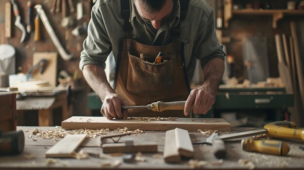 Фото Опытный плотник изготавливает уникальную мебель из необработанной древесины с помощью традиционных деревообрабатывающих инструментов и методов в мастерской