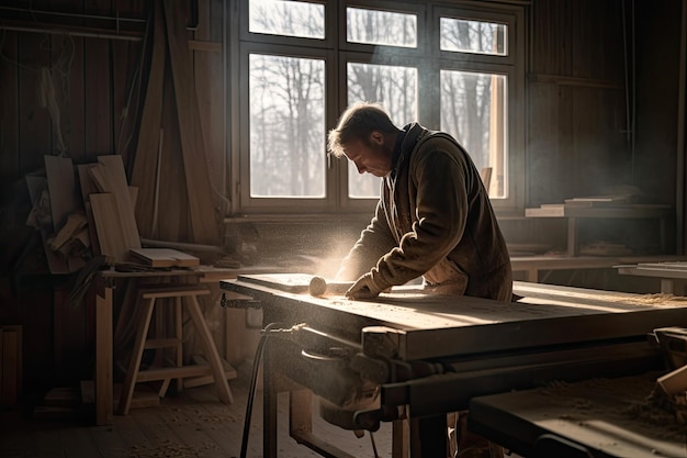 Skilled carpenter cutting wood with precision generative IA