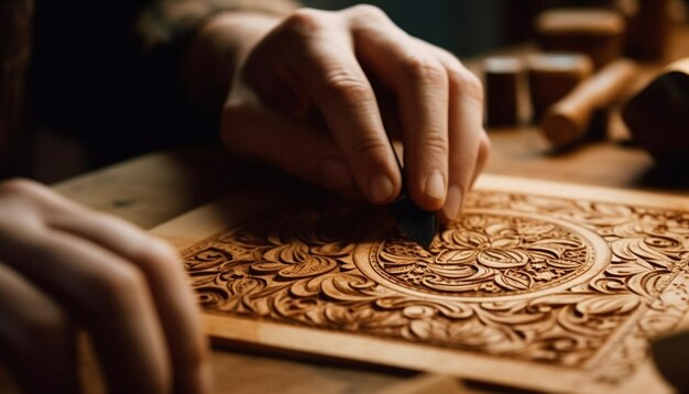 Photo the skilled carpenter hand carves an antique wooden decoration generated by ai