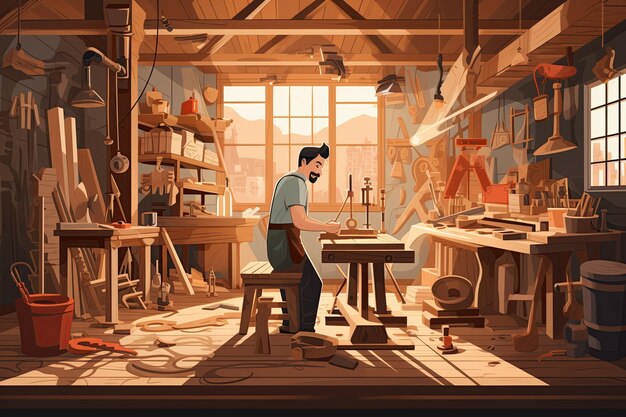 Photo a skilled carpenter meticulously crafting a wooden masterpiece in their workshop surrounded by tools sawdust and the aroma of freshly cut woodgenerated with ai