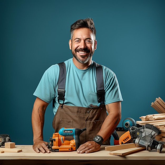 Skilled Carpenter on Solid Blue Background