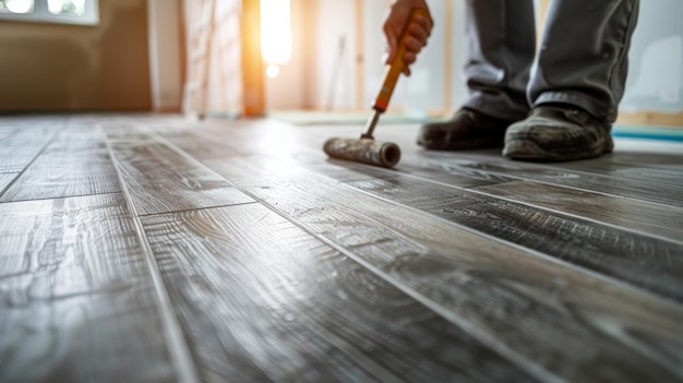 Foto carpentiere esperto al lavoro uso preciso del cacciavite elettrico lavorazione del pavimento in legno miglioramento della casa essenza ai generativa