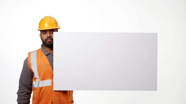 Skilled Construction Worker Holding a empty Sign copy space on a White Background