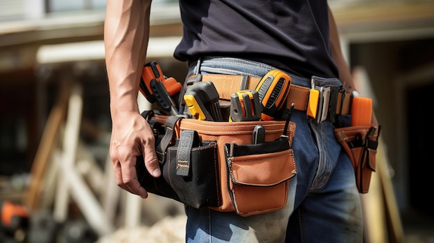 skilled construction worker wearing a tool belt against the backdrop of a house Generative Ai