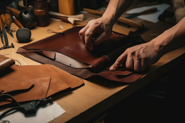 Skilled craftsmen working in a traditional leather workshop crafting handbags wallets